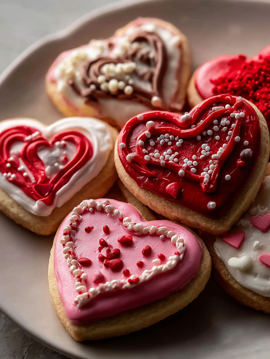 Plate of heart cookies with red icing.