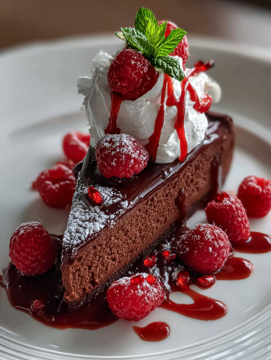 A tasty chocolate cake topped with fresh raspberries.
