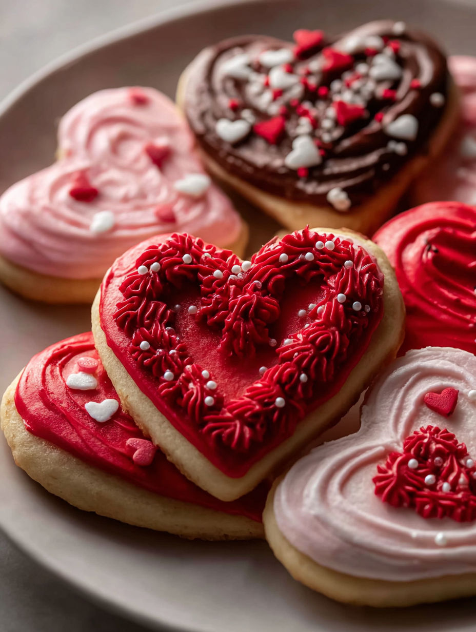 Heart-shaped cookies with bright red icing.