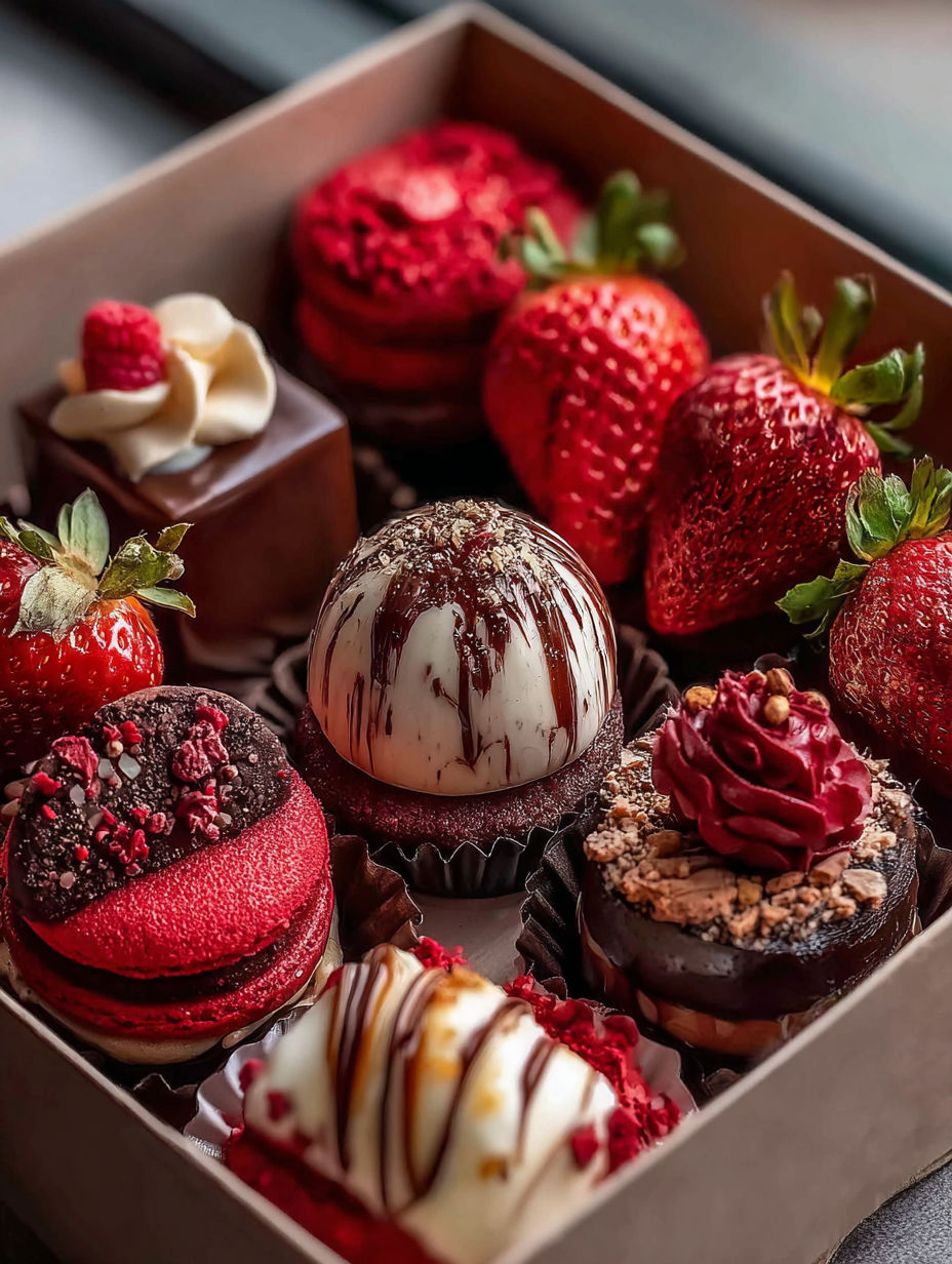 Box with chocolates and strawberries.