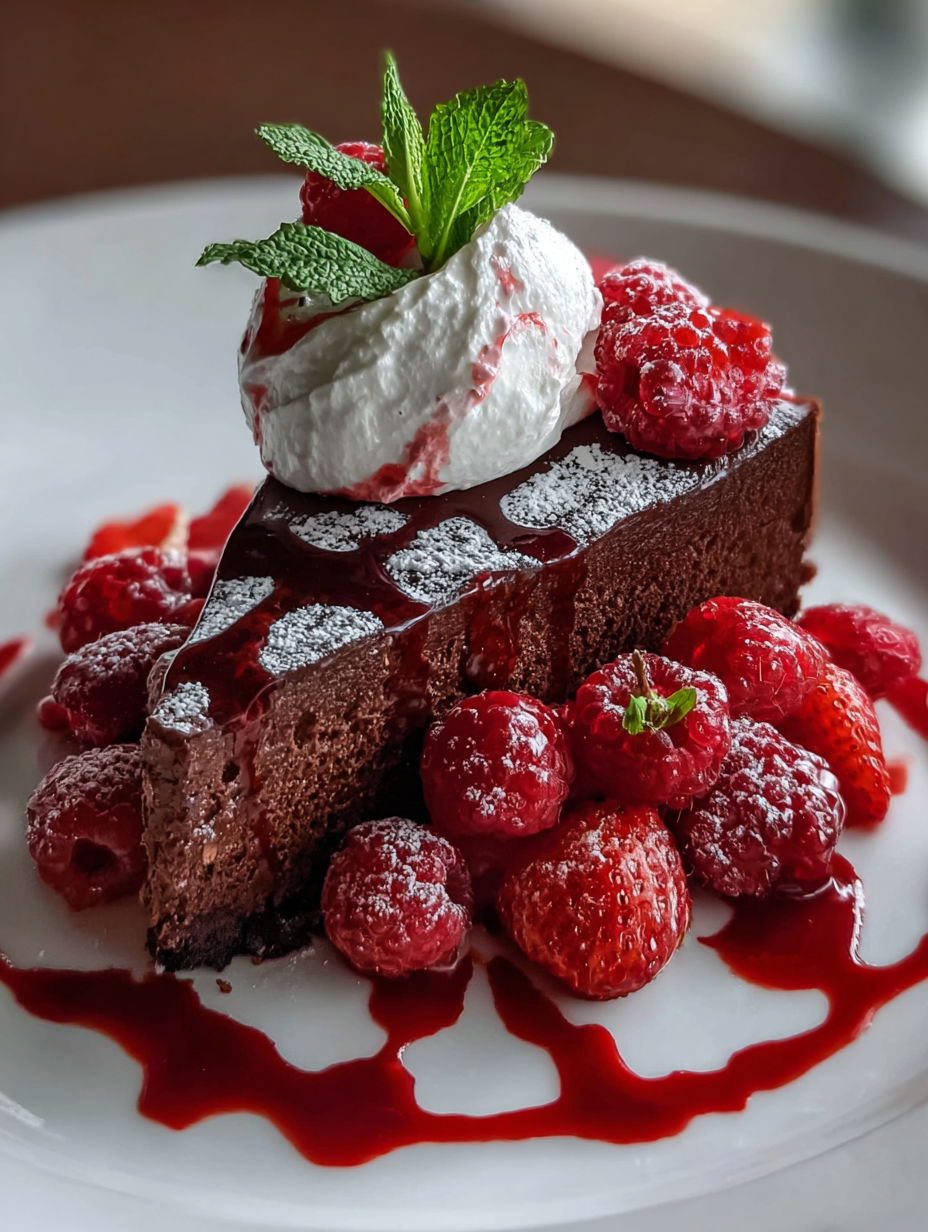A slice of chocolate cake with whipped cream and raspberries on top.