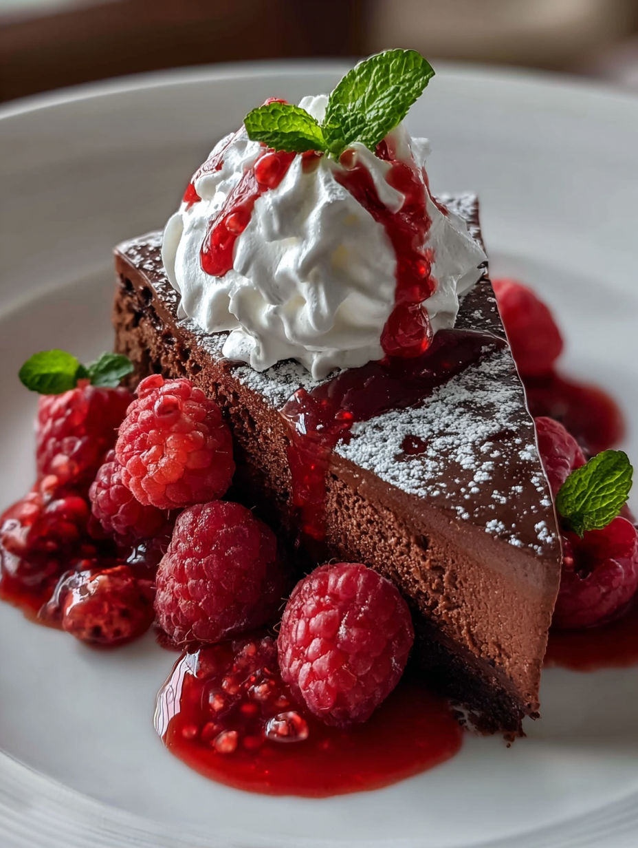 A slice of chocolate cake with white whipped cream and raspberries on top.