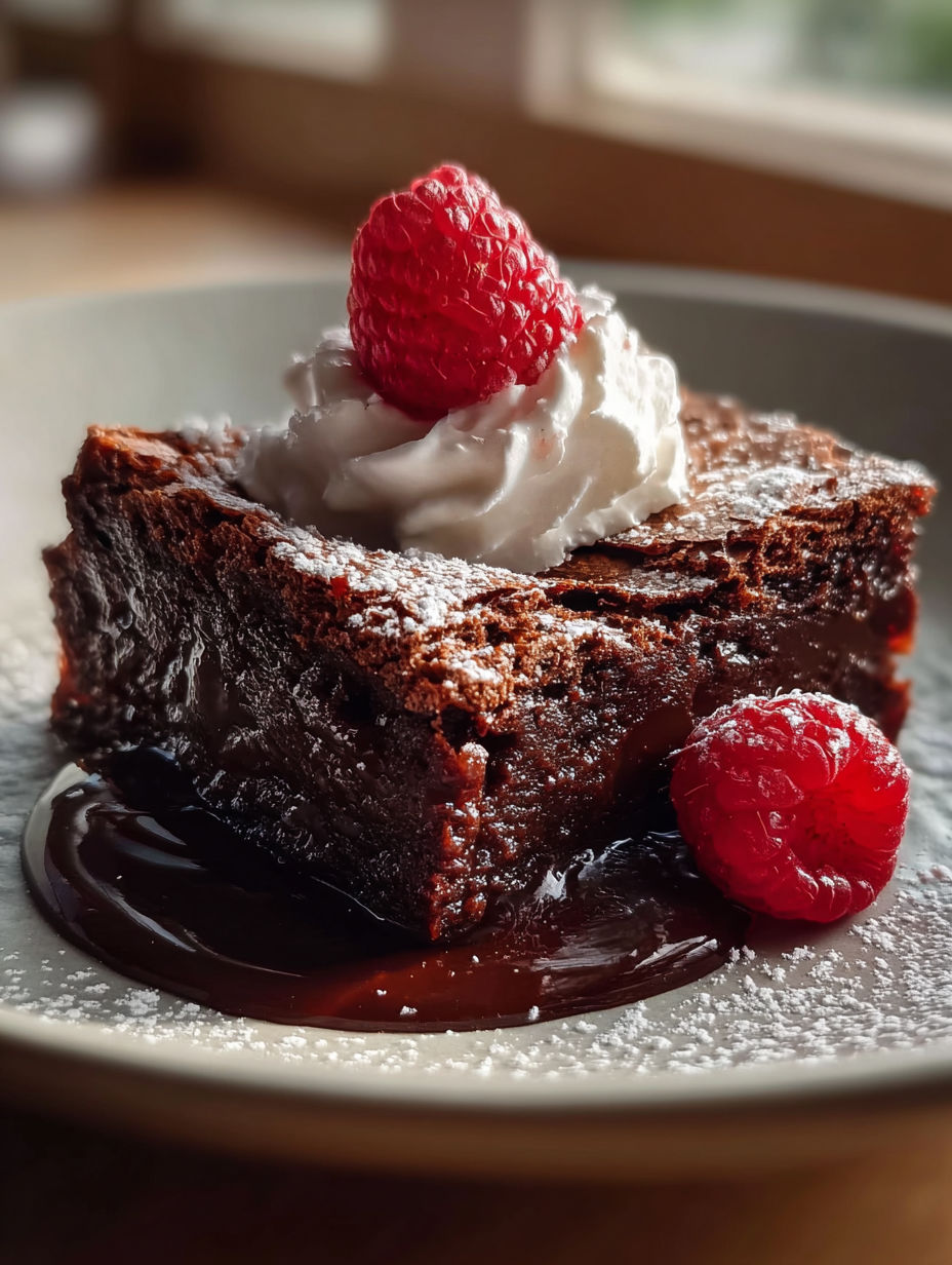 Close-up of chocolate cake with raspberries on top