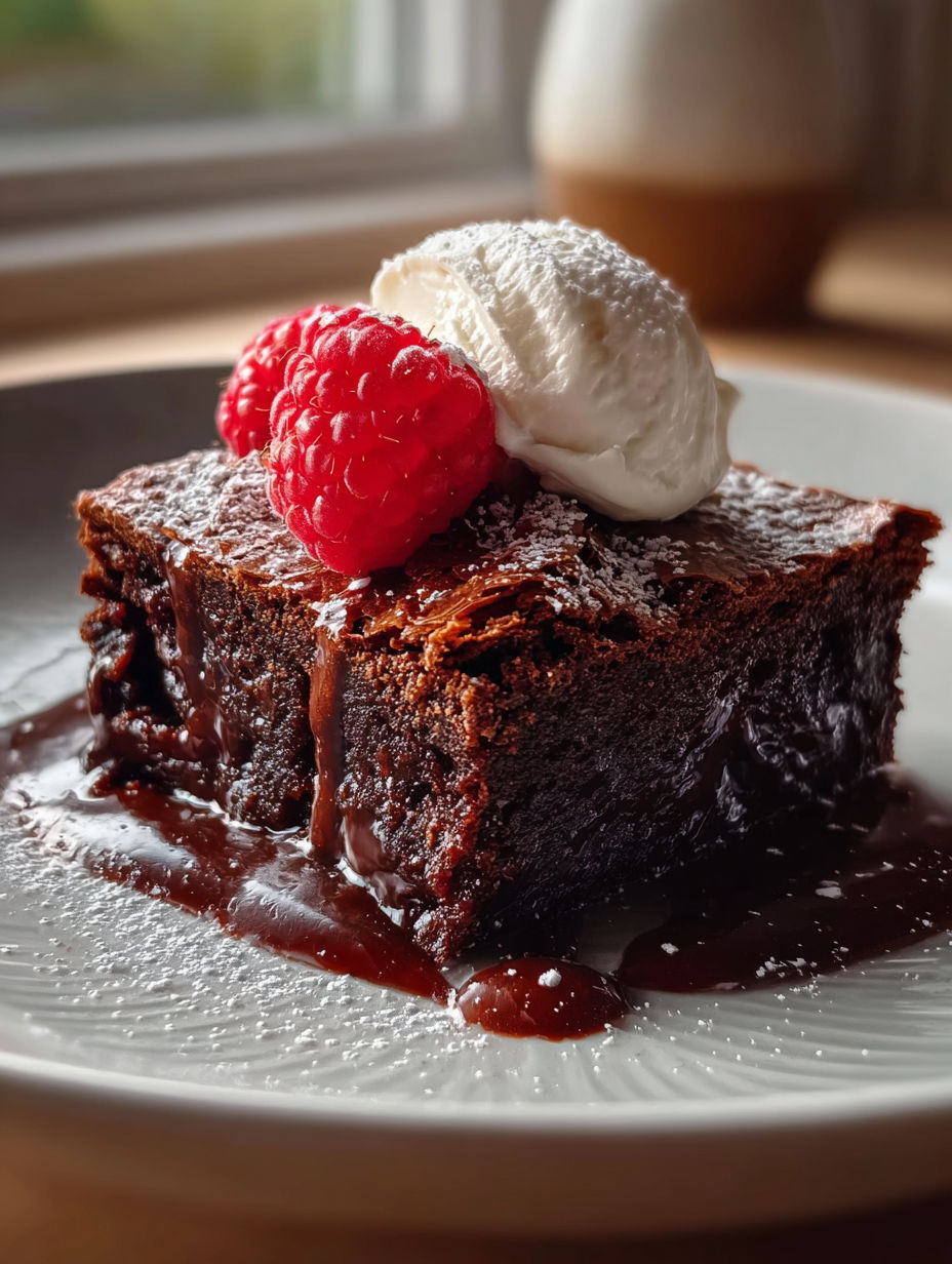 Close-up of a chocolate dessert with raspberry on top.