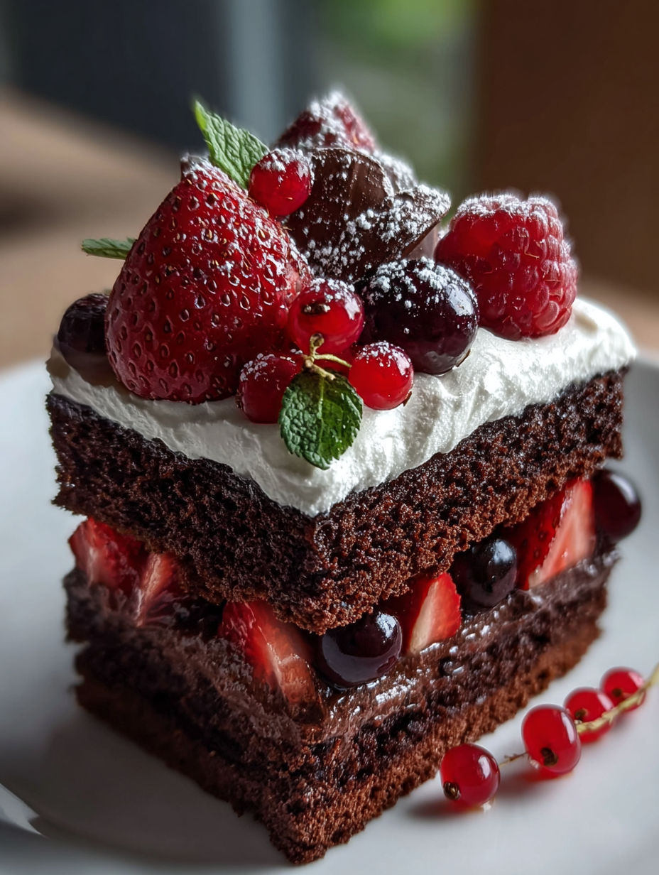 A fancy dessert with strawberries and raspberries.