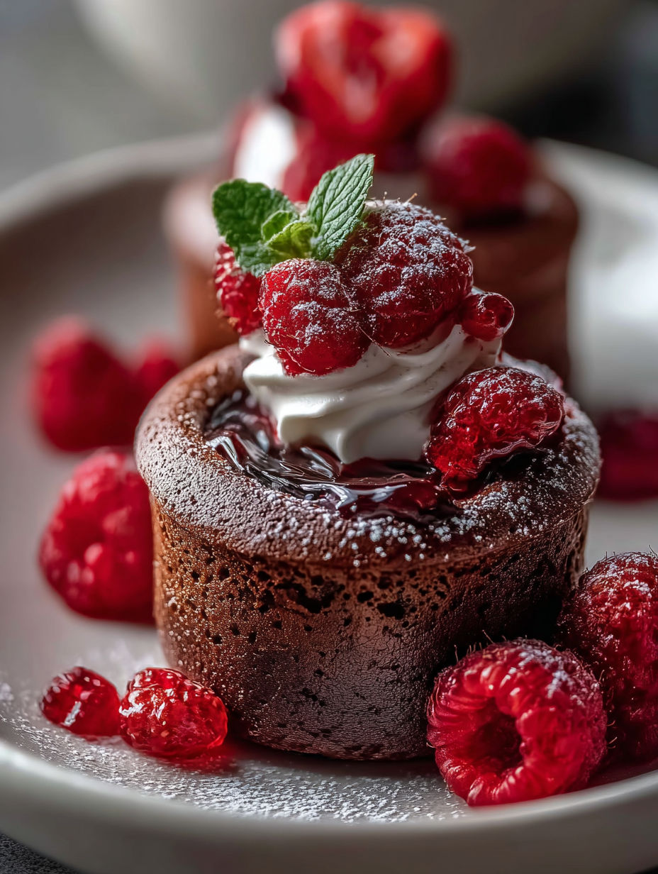 Chocolate dessert topped with raspberries.