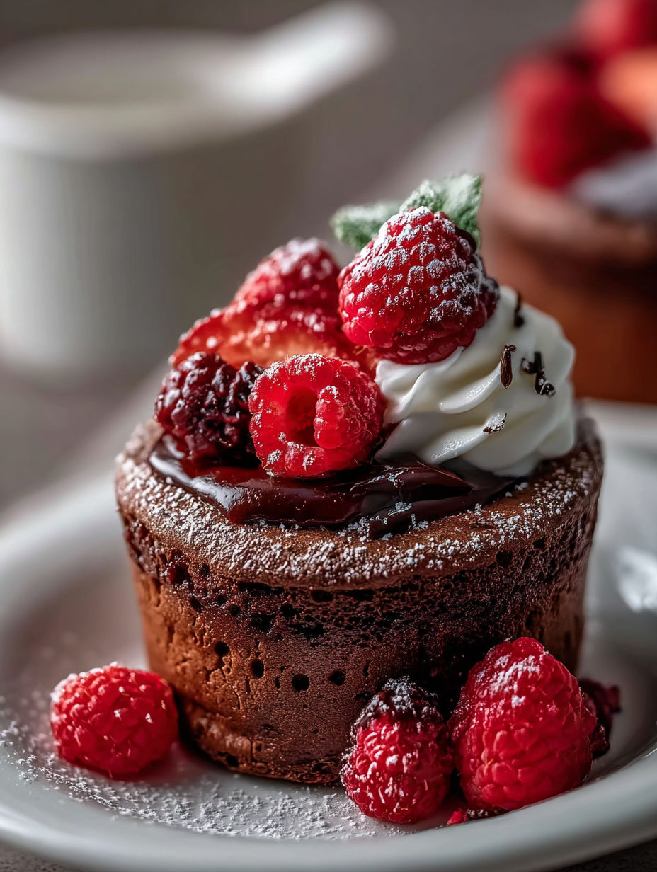 Chocolate dessert topped with raspberries.