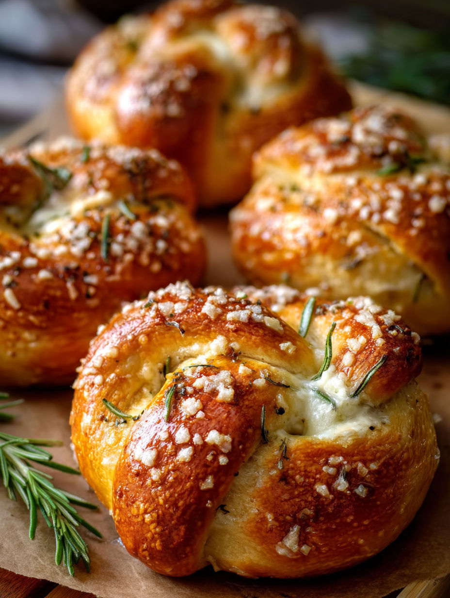 Close view of mozzarella stuffed rosemary Parmesan soft pretzels.
