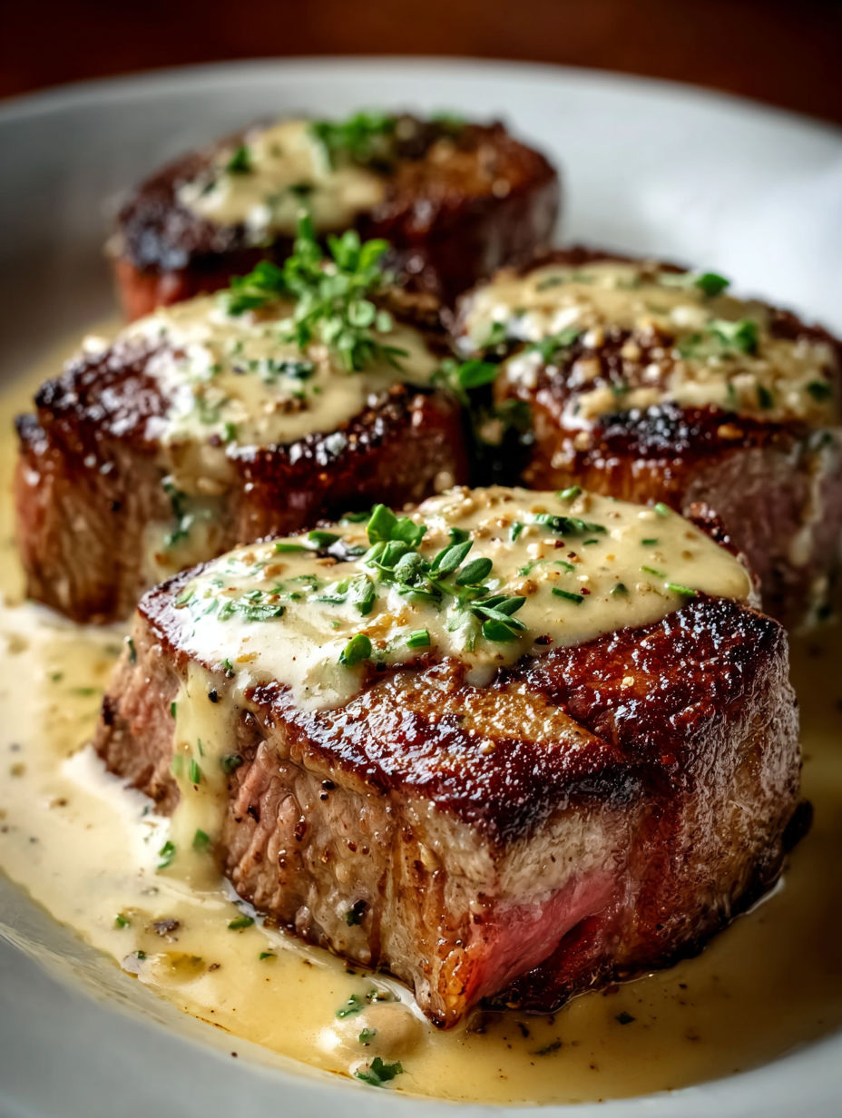 A close up of a piece of meat with a garlic sauce.