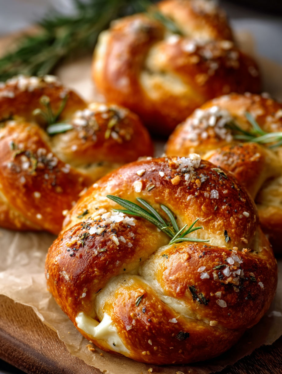 Close up of mozzarella stuffed rosemary Parmesan soft pretzels.