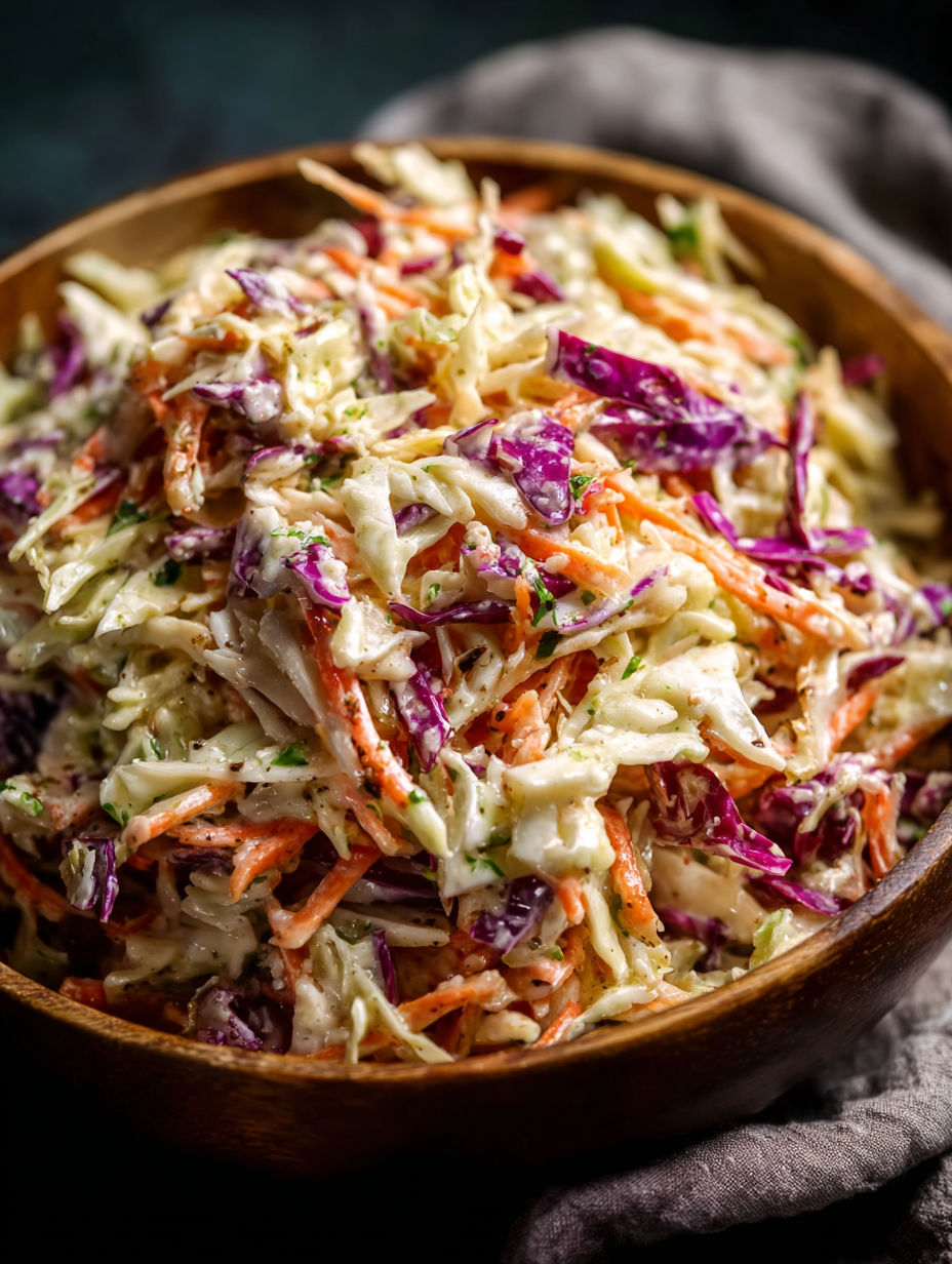 Bowl filled with shredded cabbage and carrots coleslaw.