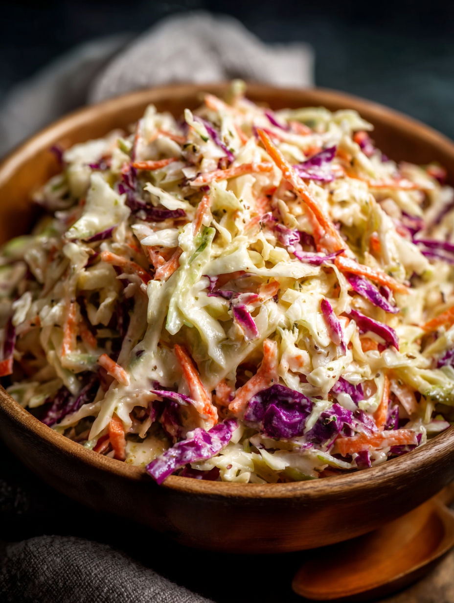 Bowl of fresh coleslaw with mixed veggies.