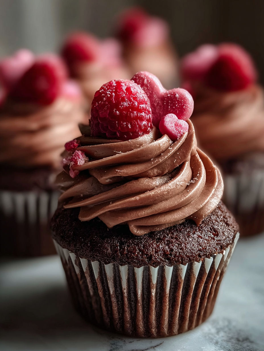 Chocolate cupcake topped with frosting and fresh raspberries.