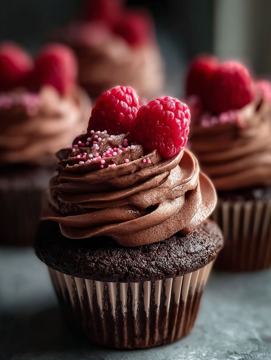 Cupcake with chocolate frosting and fresh raspberries on top.