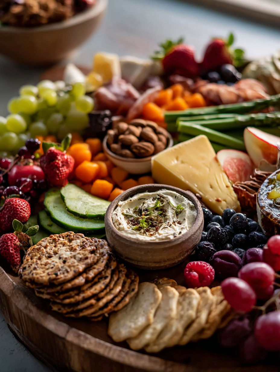 A healthy Valentine's charcuterie board with a variety of foods.