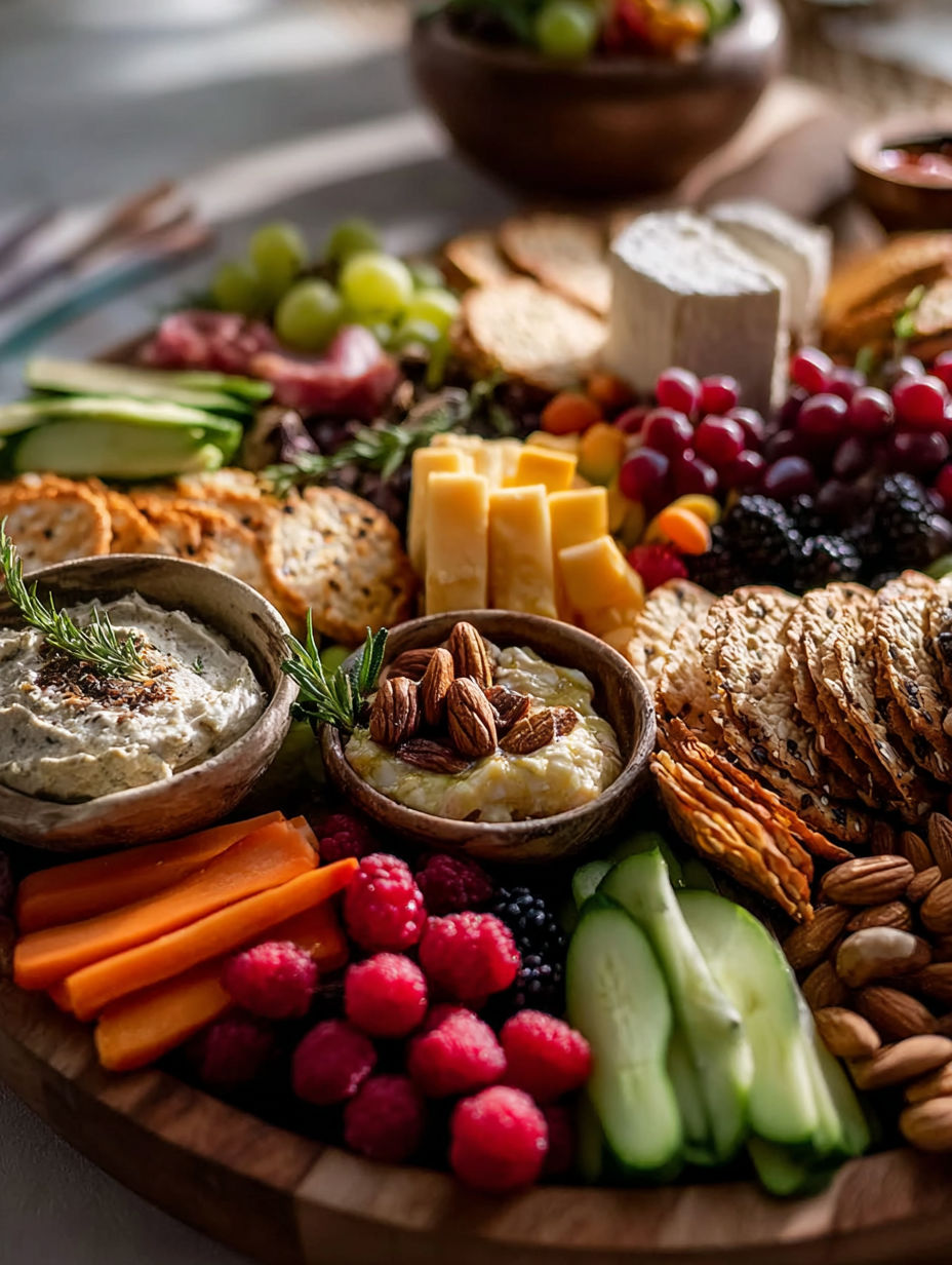 A charcuterie board with a variety of foods.