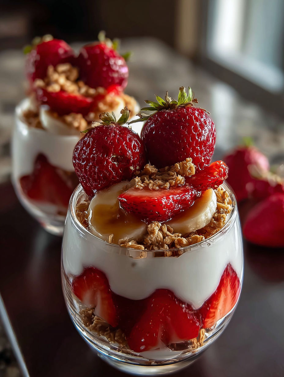 A bowl of yogurt with strawberries and granola.
