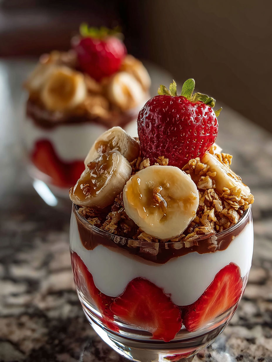 A glass of yogurt with bananas and strawberries.