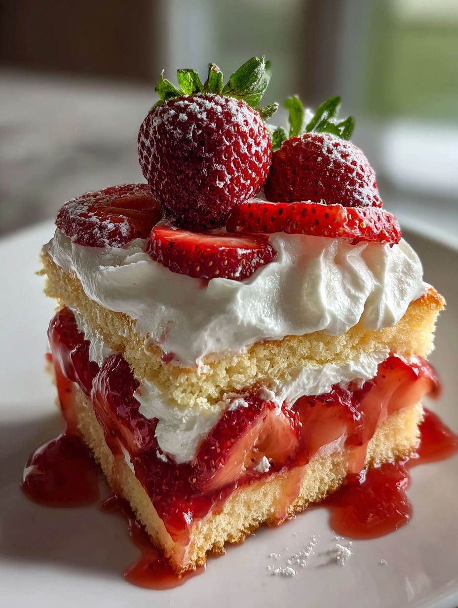 A slice of strawberry shortcake on a plate.