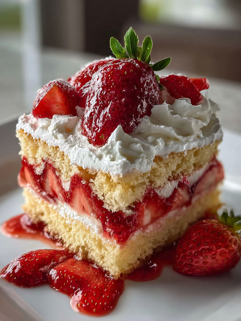 A slice of strawberry shortcake on a plate.