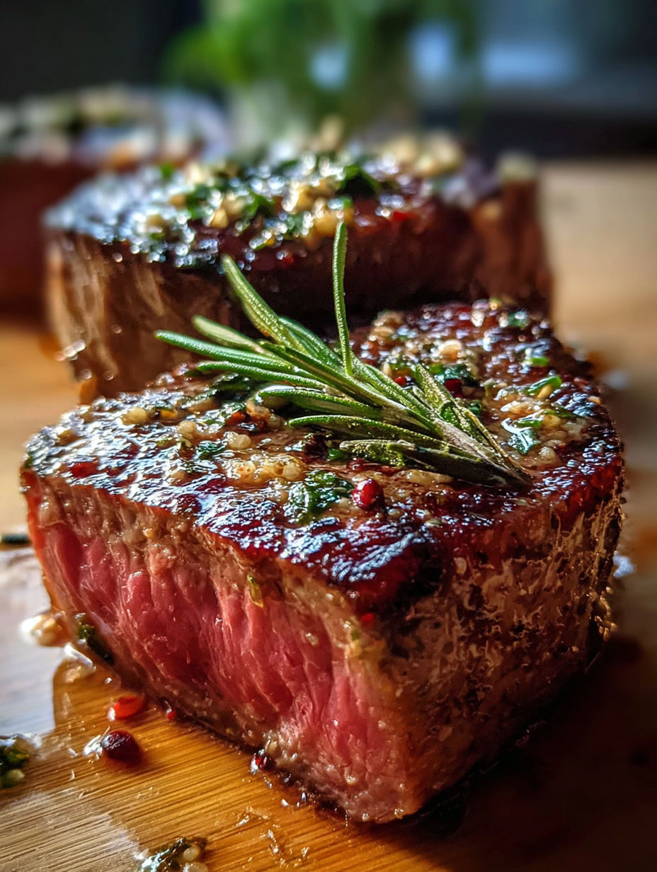 Tasty steak with herbs and spices on a plate