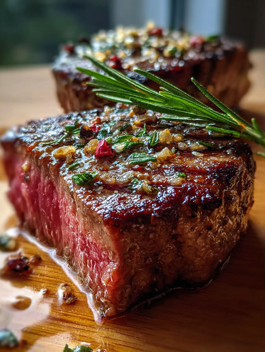 Steak topped with fresh herbs.