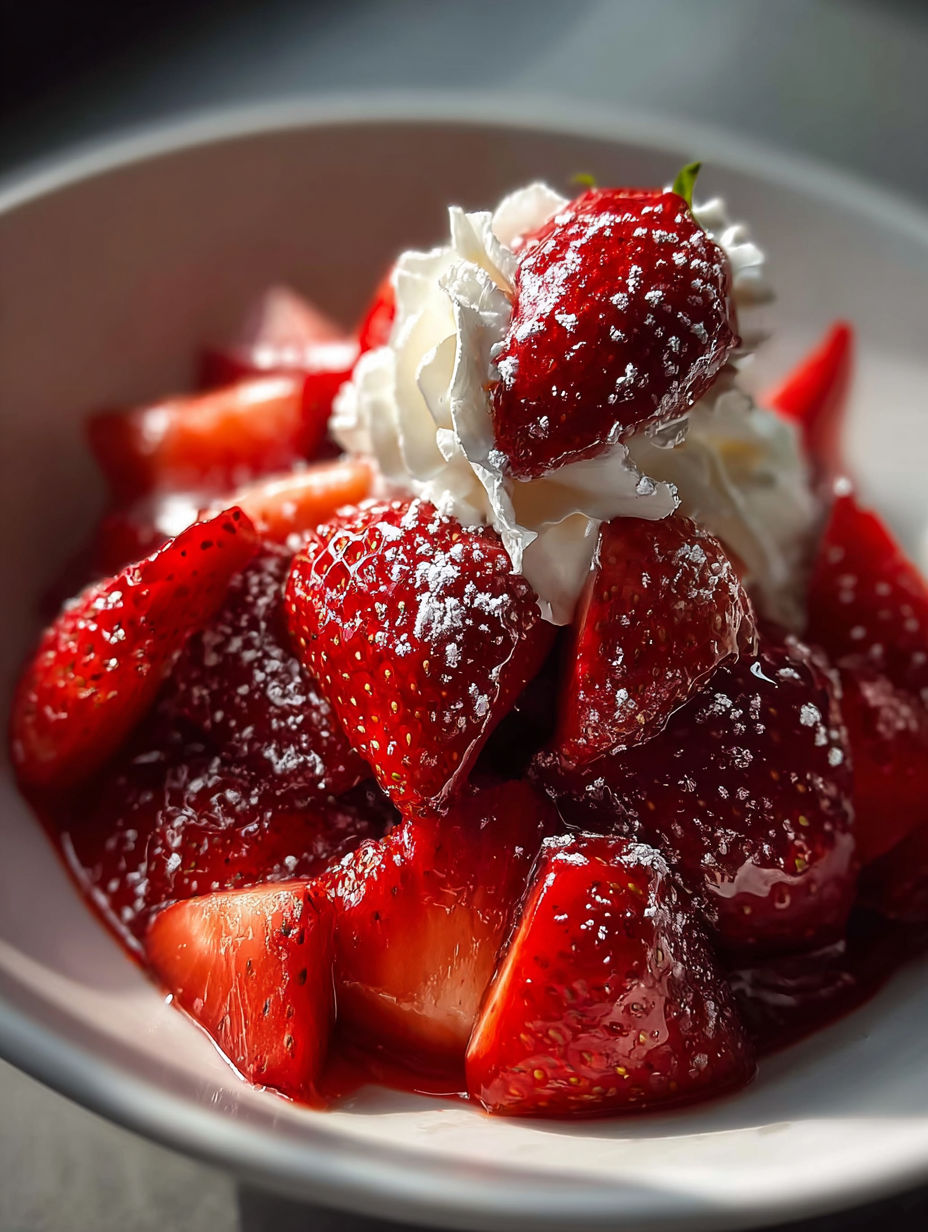 A tasty plate of strawberries with whipped cream on top.