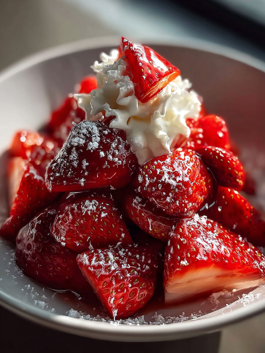 A bowl of strawberries with whipped cream on top.