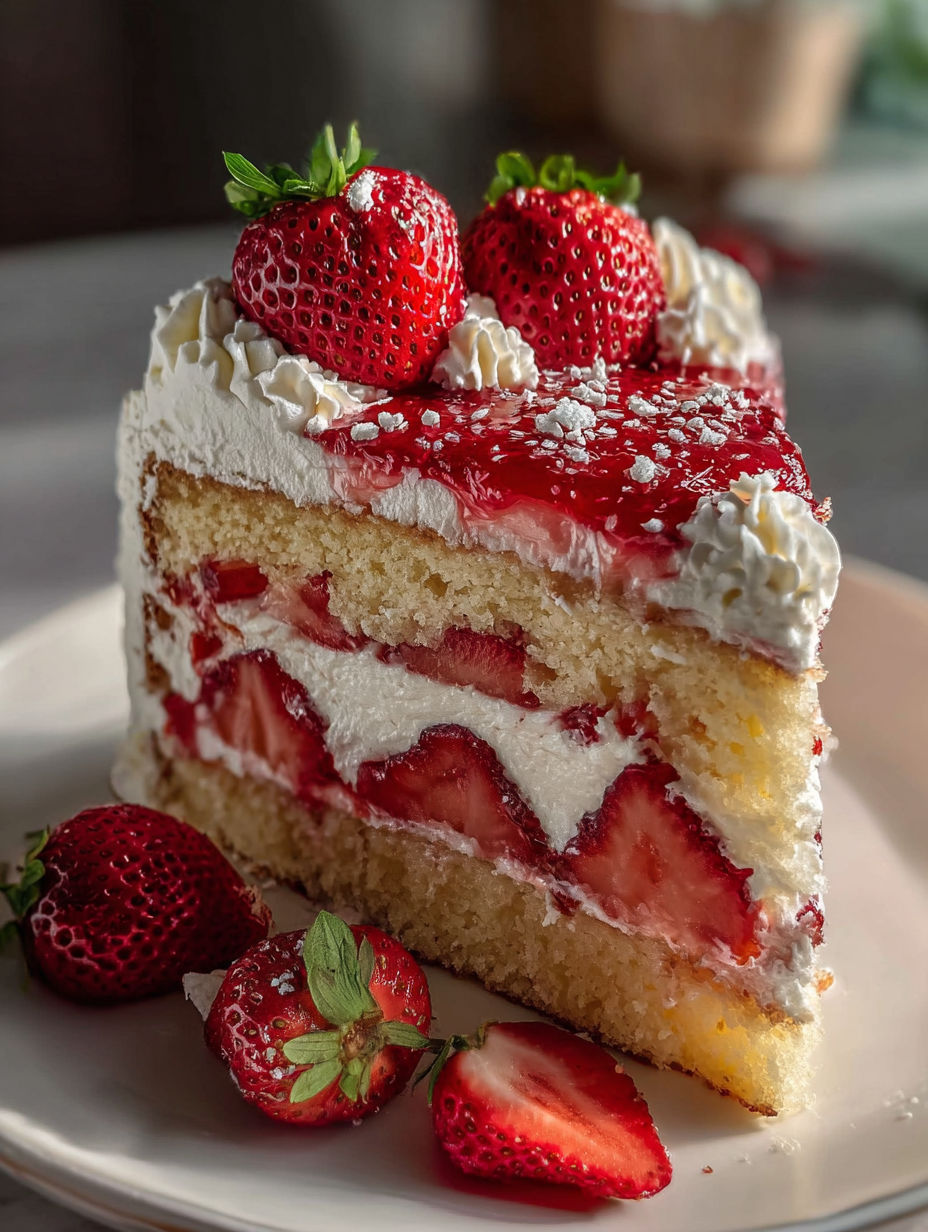A piece of cake topped with strawberries.
