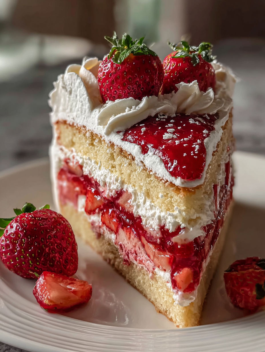 A slice of strawberry cake with whipped cream.