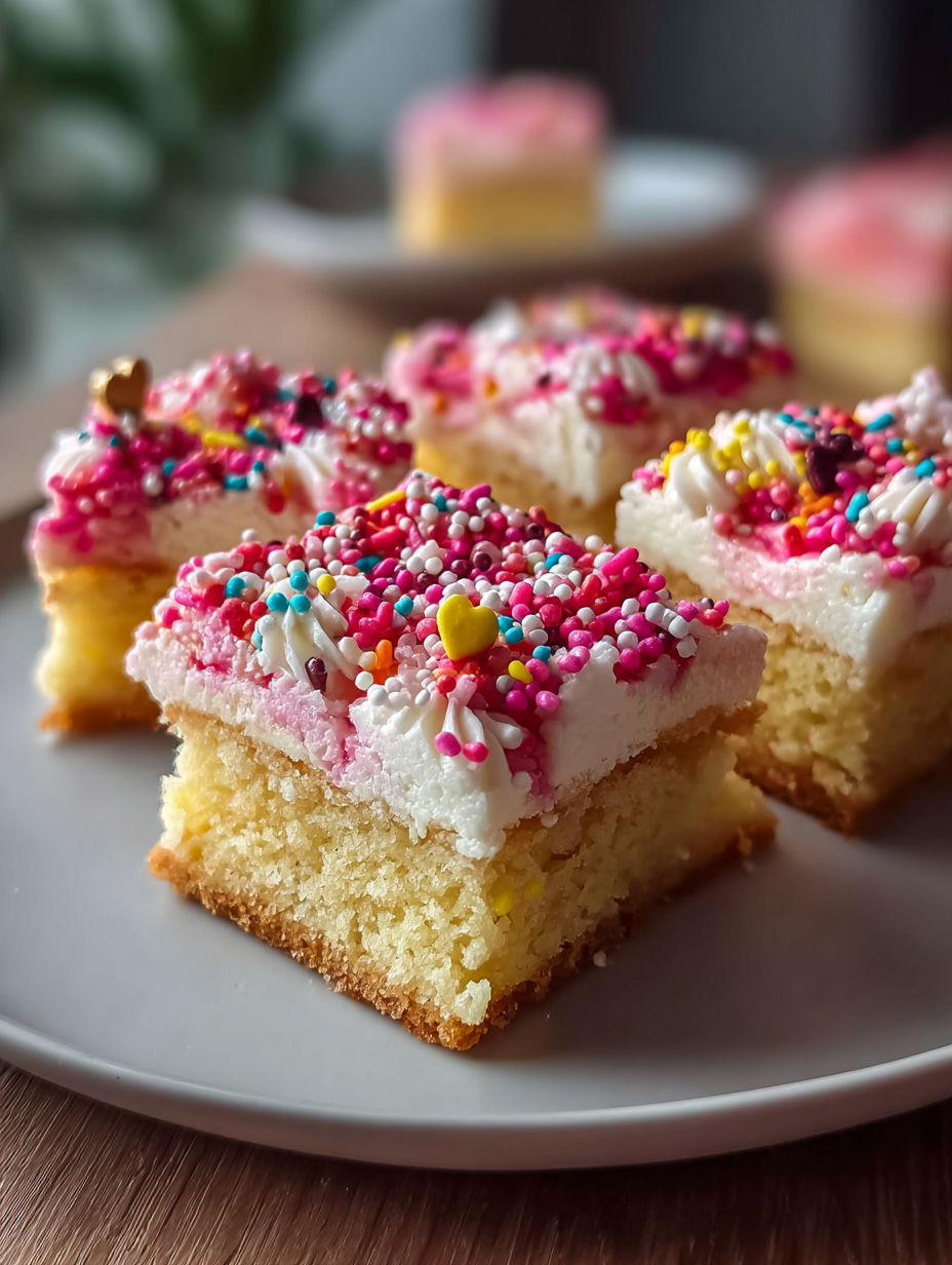 Sugar cookie bars with pink frosting and sprinkles on a plate.