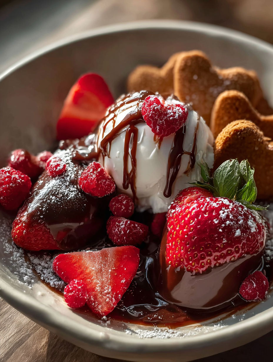 A bowl of chocolate and strawberry desserts.
