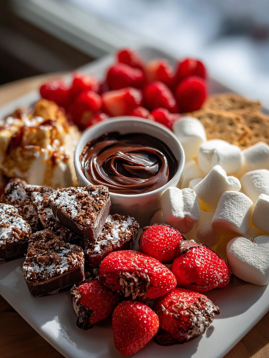 A plate of food with chocolate and strawberries.