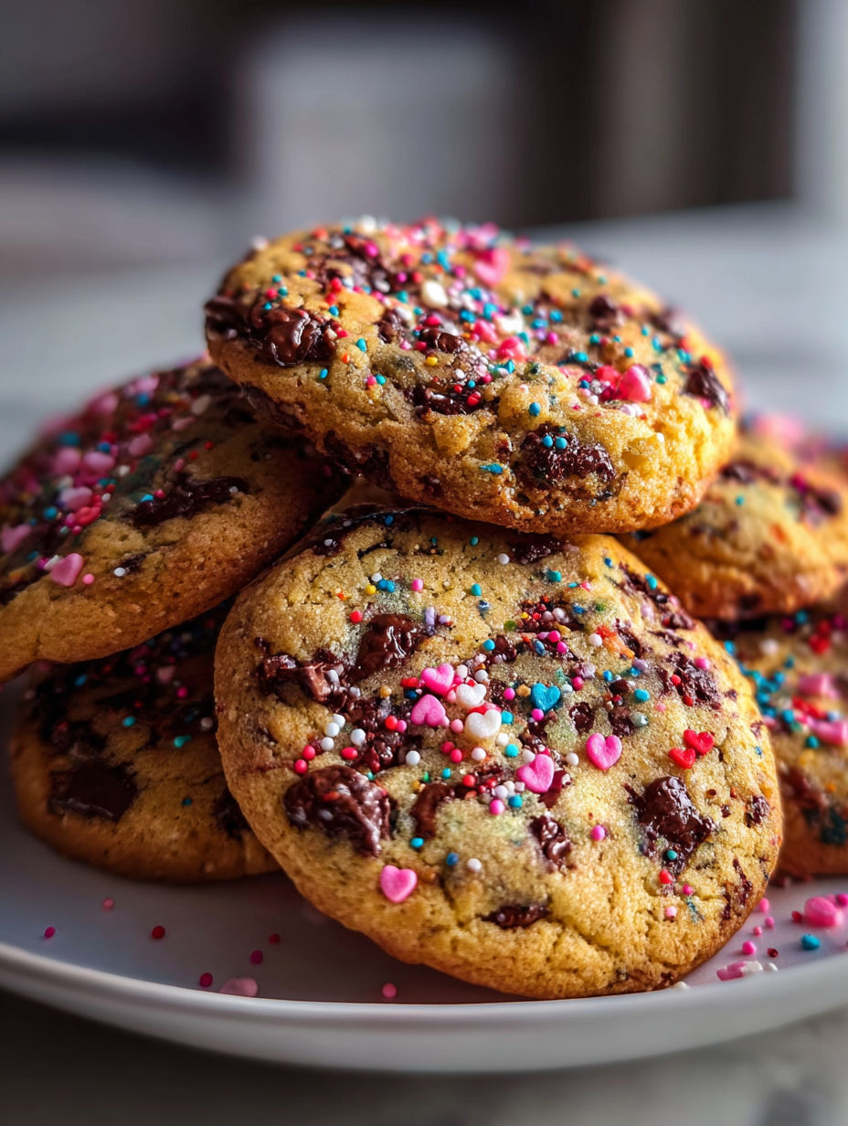 A stack of cookies with sprinkles on a plate.
