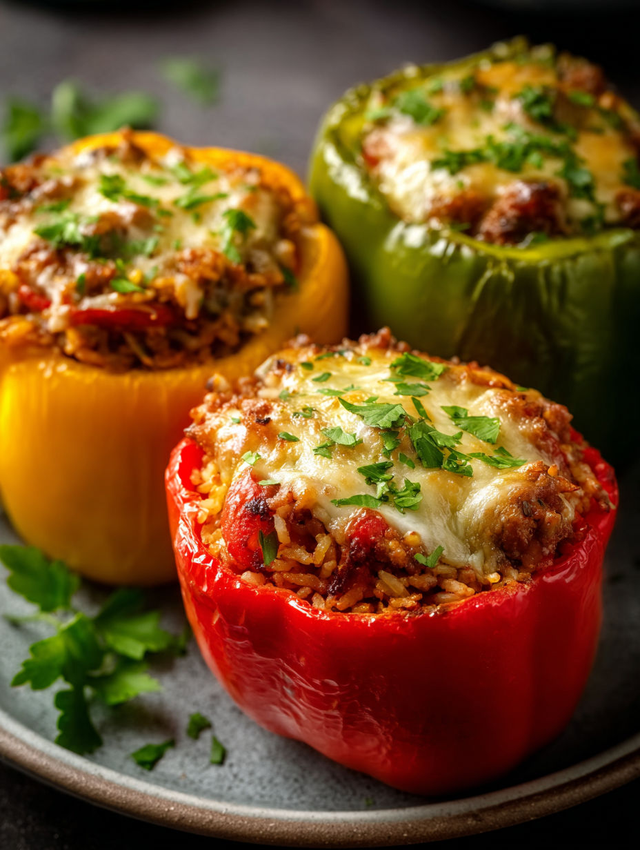 Plate holding three peppers with cheese and rice