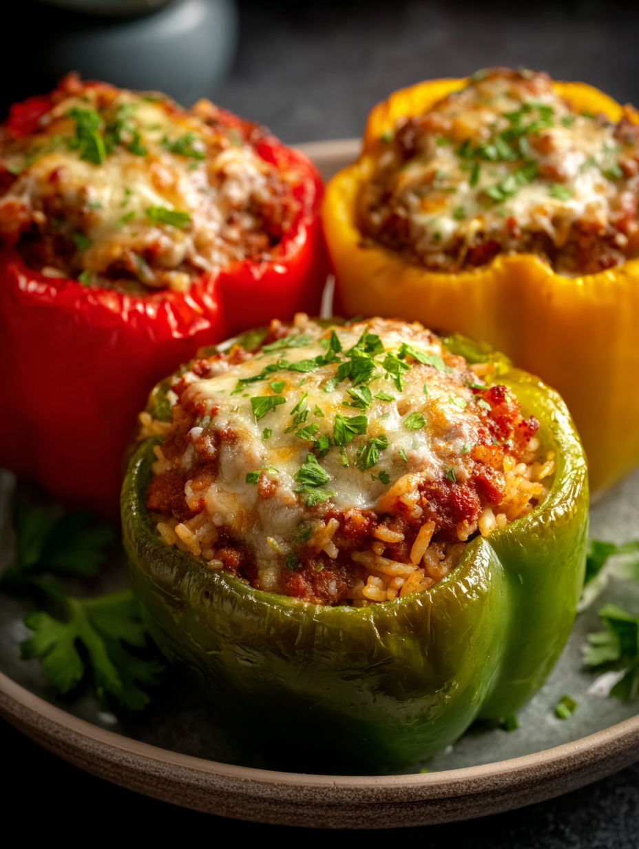 Three peppers filled with rice and chorizo.