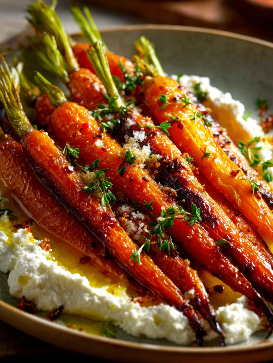 Roasted carrots with whipped ricotta and hot honey.
