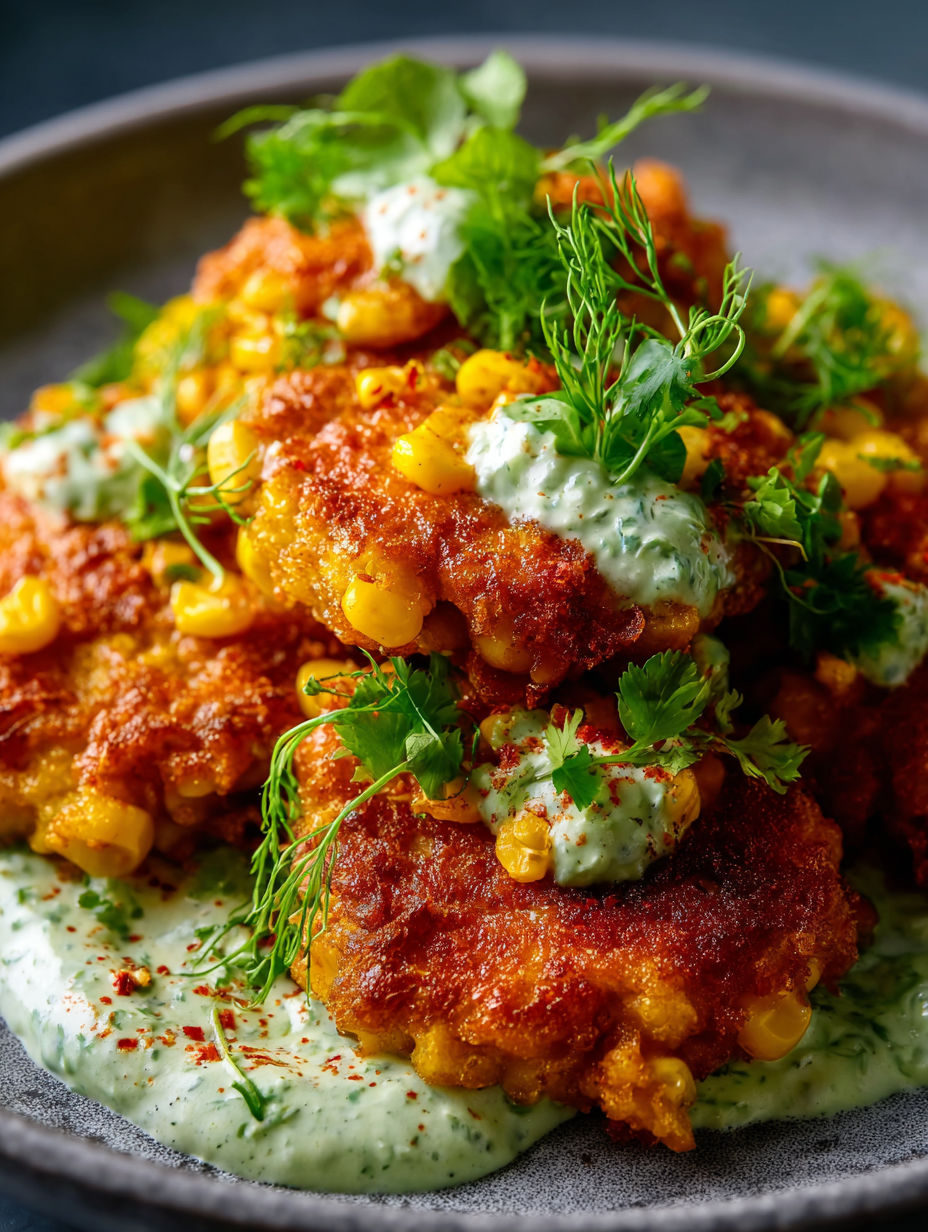 Crispy corn fritters with cilantro cream.