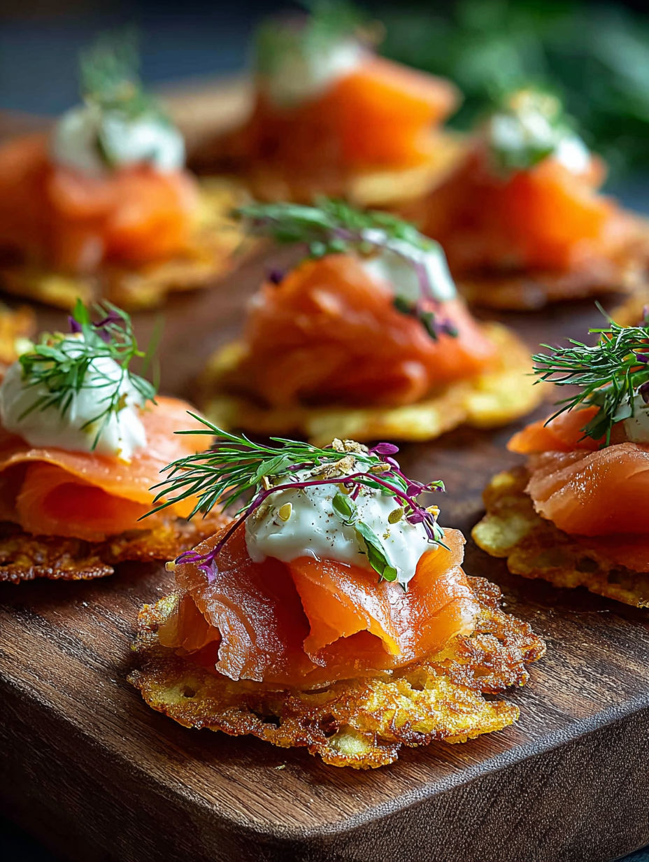 Smoked trout canapes on a wooden platter.