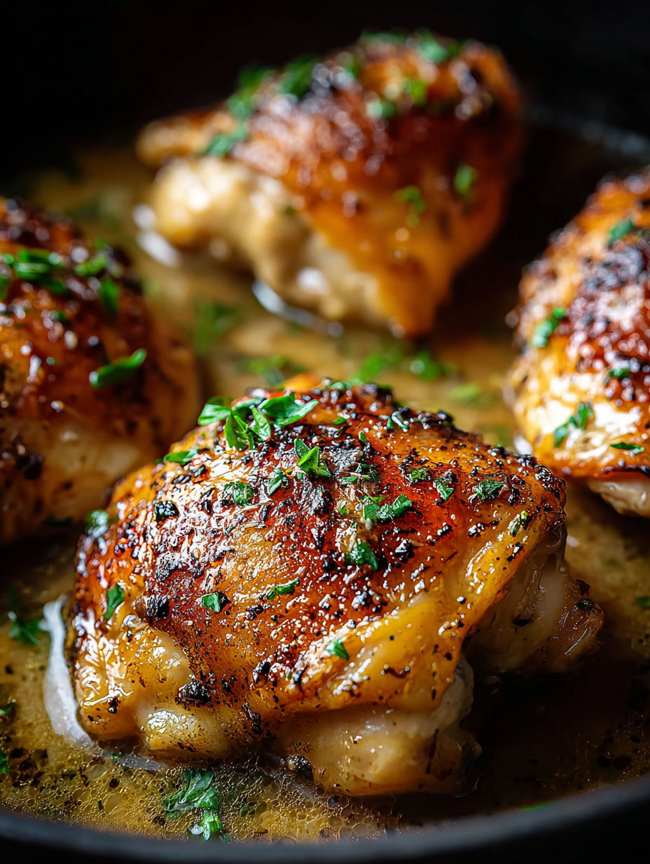 Chicken thighs cooked in garlic butter.