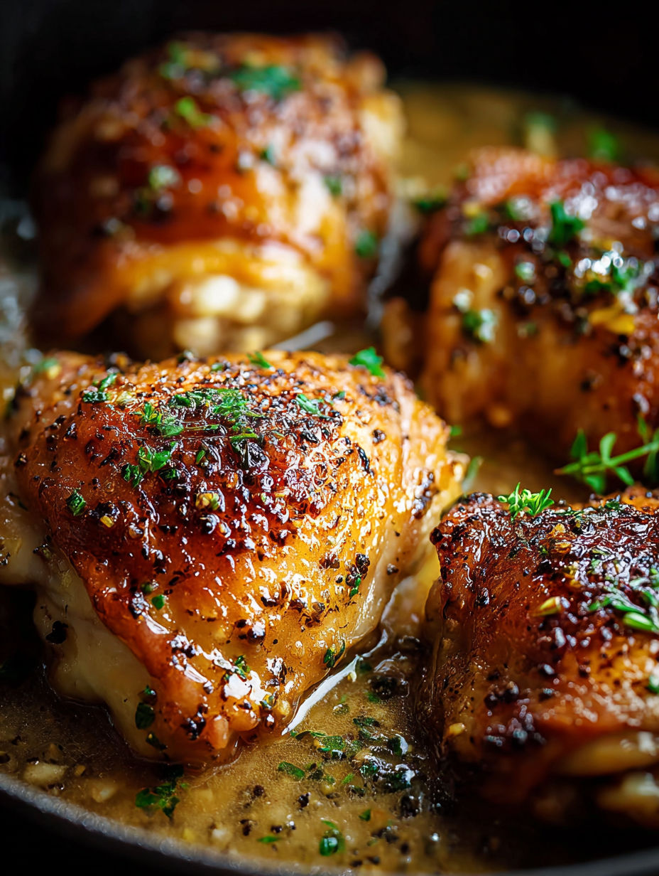 A plate of chicken thighs with garlic butter.