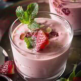 A glass of chilled strawberry yogurt soup.