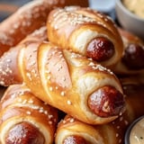A stack of hot dogs with mustard on the side.