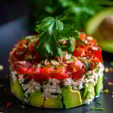 Plate topped with a colorful layered stack—avocado, tuna, salsa, and cilantro.