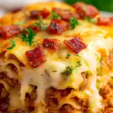 A close up look at gooey, cheesy bacon goodness in a casserole pan.