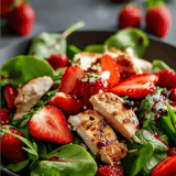 A bowl of food with chicken, strawberries, and greens.