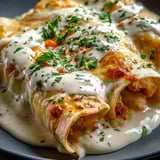 A plate topped with food covered in creamy white sauce.