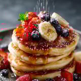Stacked pancakes topped with banana slices and strawberries.