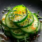 Cucumber slices with visible seeds arranged on a plate.