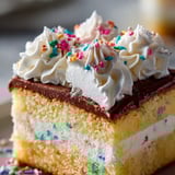 A square of fluffy white cake with colorful sprinkles and loads of frosting.